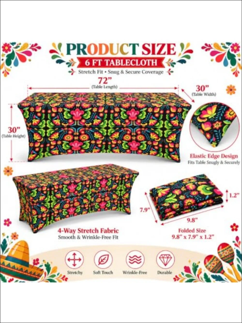 2 Pc Mexico Tablecloth Set 6 FT Stretch Spandex Fiesta Party Decor